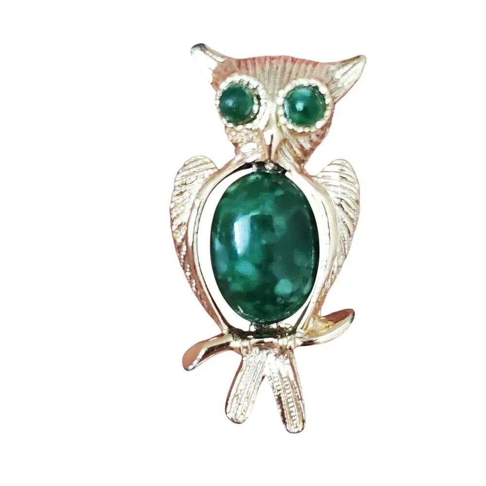 Vtg Owl Brooch Gold Tone Green Stone Eyes & Jelly Belly Pin Jade Colored Animal